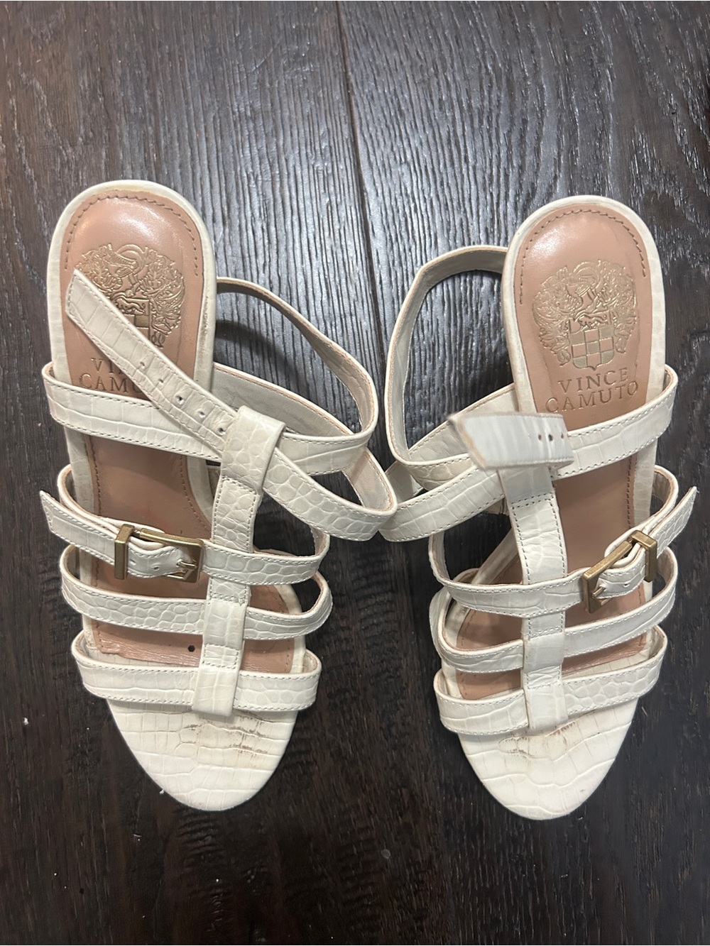 Vince Camuto Ivory Croc-Embossed Strappy Heels with Gold Buckles